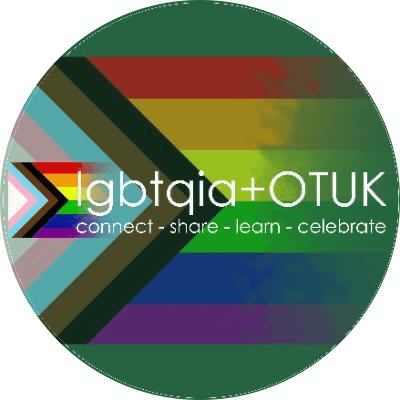 LGBTQIA+OT UK: Connect-Share-Learn-Celebrate Logo (Progress Pride Flag)