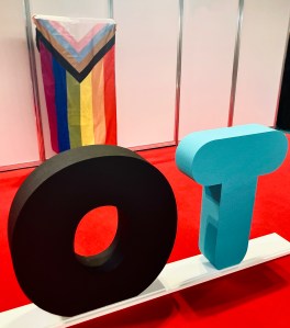 Progress flag hanging behind OT at the 2021 OT Show in Birmingham 