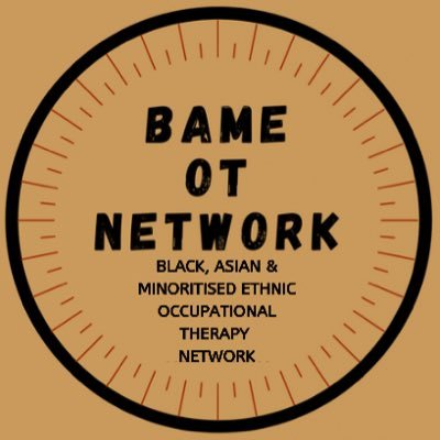 BAMEOTUK logo - black text on a brown ground stating 'BAME OT Network - Black, Asian and Minoritised Ethnic Occupational Therapy Network'